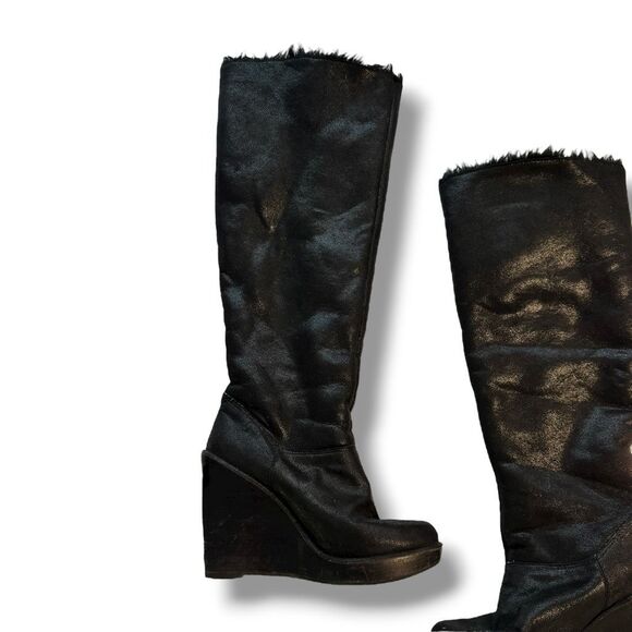 MICHAEL Michael Kors Calista Knee-High Platform Wedge Boots Faux Suede Faux Fur - Picture 4 of 9